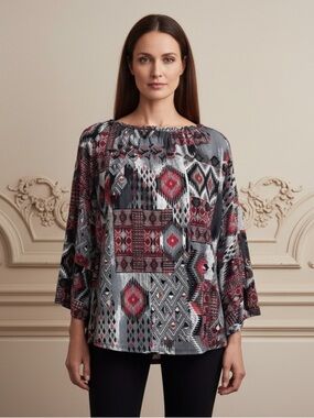 Dear Scarlett Chic Geometric Tribal Patchwork Print Blouse in Red & Gray